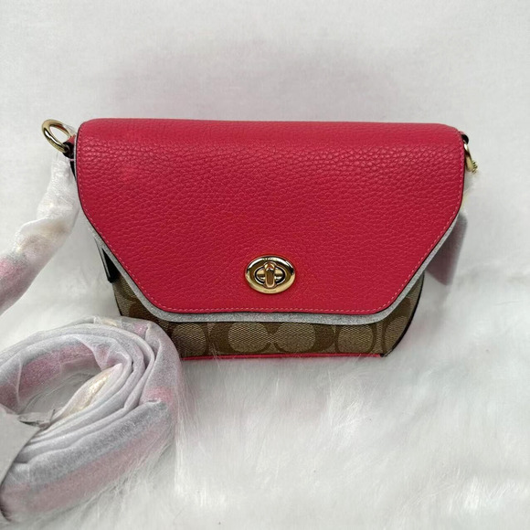 Coach Karlee Crossbody Clutch In Signature Canvas In Khaki/Fuchsia C2816 NWT - Picture 1 of 9